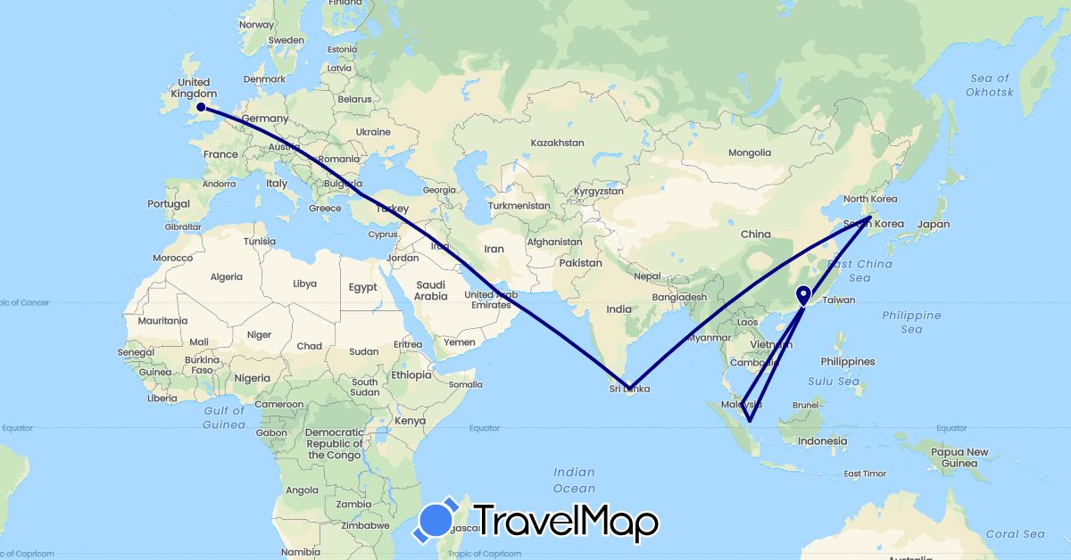 TravelMap itinerary: driving in United Arab Emirates, China, United Kingdom, South Korea, Sri Lanka, Malaysia, Singapore, Turkey (Asia, Europe)